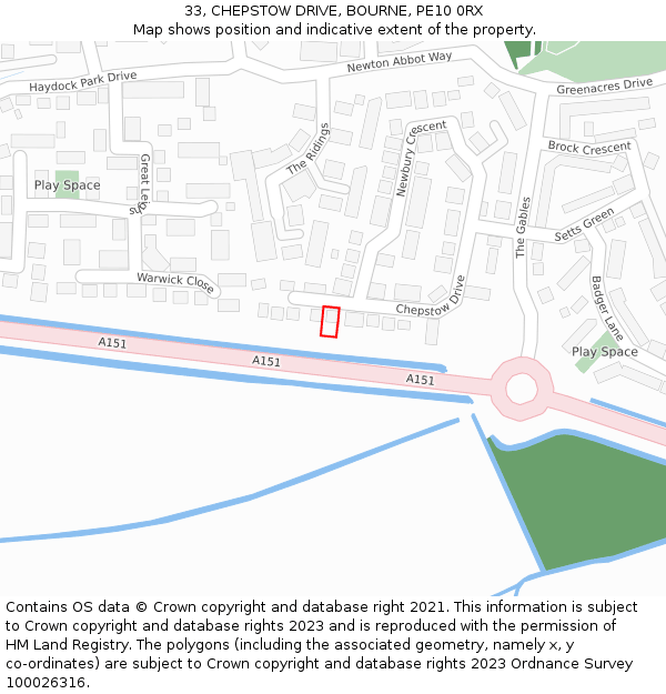 33, CHEPSTOW DRIVE, BOURNE, PE10 0RX: Location map and indicative extent of plot