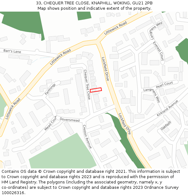 33, CHEQUER TREE CLOSE, KNAPHILL, WOKING, GU21 2PB: Location map and indicative extent of plot