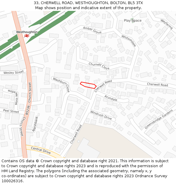 33, CHERWELL ROAD, WESTHOUGHTON, BOLTON, BL5 3TX: Location map and indicative extent of plot