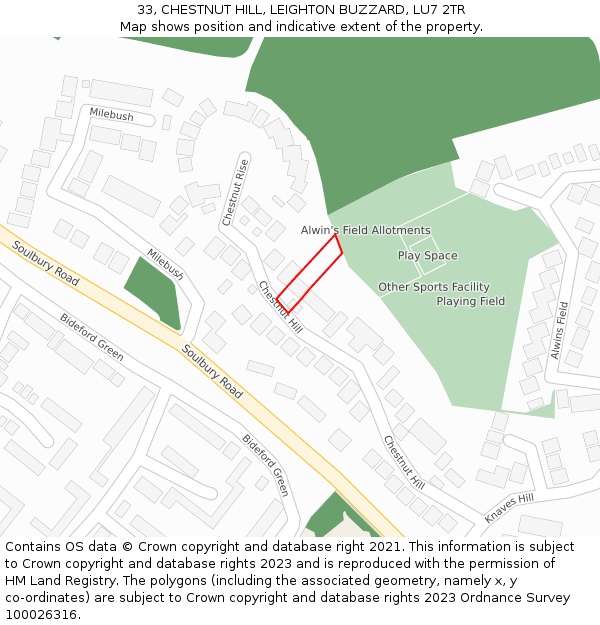 33, CHESTNUT HILL, LEIGHTON BUZZARD, LU7 2TR: Location map and indicative extent of plot