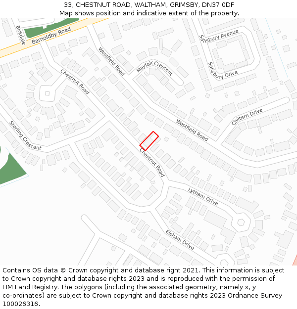 33, CHESTNUT ROAD, WALTHAM, GRIMSBY, DN37 0DF: Location map and indicative extent of plot