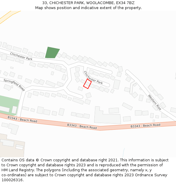 33, CHICHESTER PARK, WOOLACOMBE, EX34 7BZ: Location map and indicative extent of plot