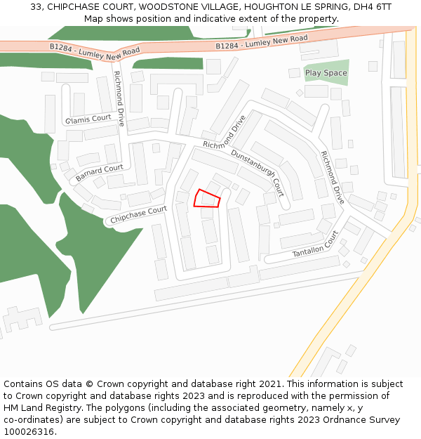 33, CHIPCHASE COURT, WOODSTONE VILLAGE, HOUGHTON LE SPRING, DH4 6TT: Location map and indicative extent of plot