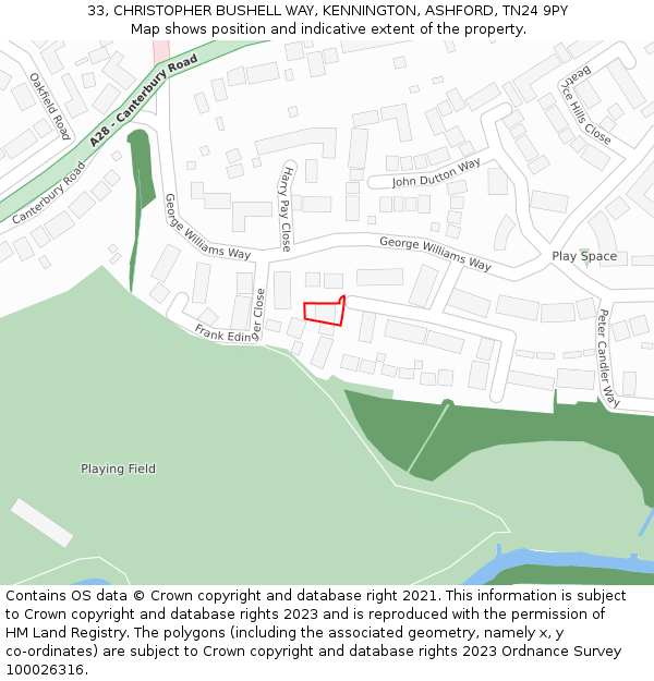 33, CHRISTOPHER BUSHELL WAY, KENNINGTON, ASHFORD, TN24 9PY: Location map and indicative extent of plot