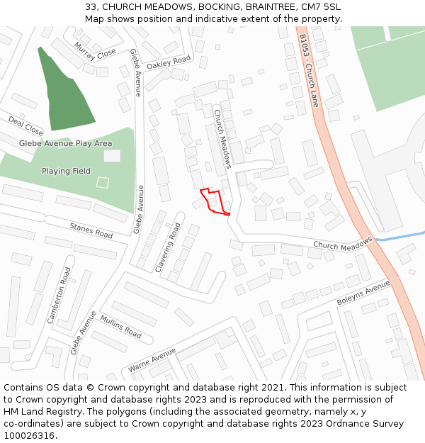 33, CHURCH MEADOWS, BOCKING, BRAINTREE, CM7 5SL: Location map and indicative extent of plot
