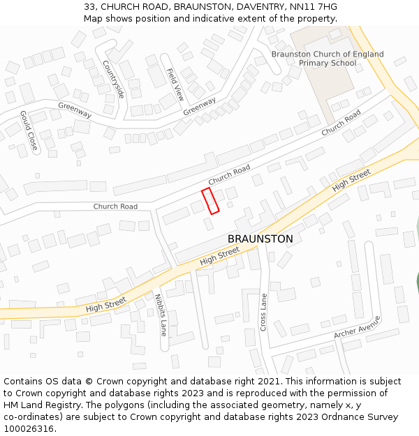 33, CHURCH ROAD, BRAUNSTON, DAVENTRY, NN11 7HG: Location map and indicative extent of plot