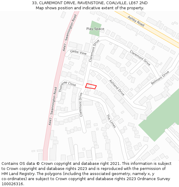 33, CLAREMONT DRIVE, RAVENSTONE, COALVILLE, LE67 2ND: Location map and indicative extent of plot