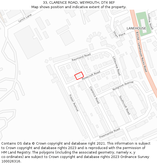 33, CLARENCE ROAD, WEYMOUTH, DT4 9EF: Location map and indicative extent of plot