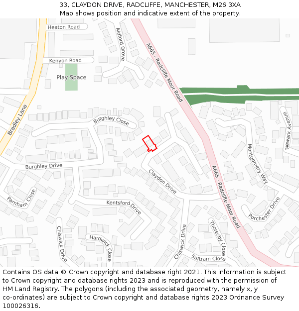 33, CLAYDON DRIVE, RADCLIFFE, MANCHESTER, M26 3XA: Location map and indicative extent of plot