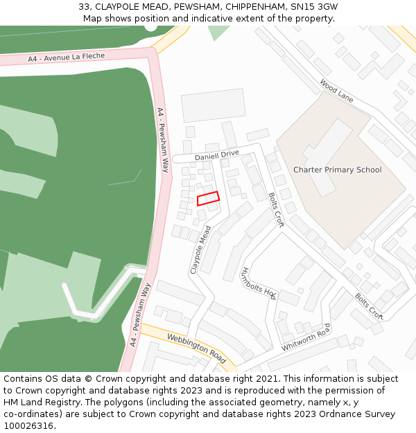 33, CLAYPOLE MEAD, PEWSHAM, CHIPPENHAM, SN15 3GW: Location map and indicative extent of plot