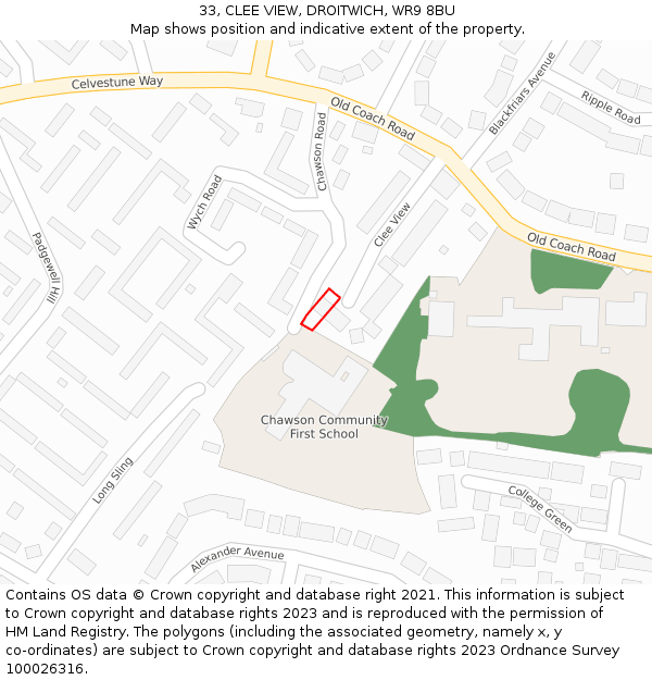 33, CLEE VIEW, DROITWICH, WR9 8BU: Location map and indicative extent of plot