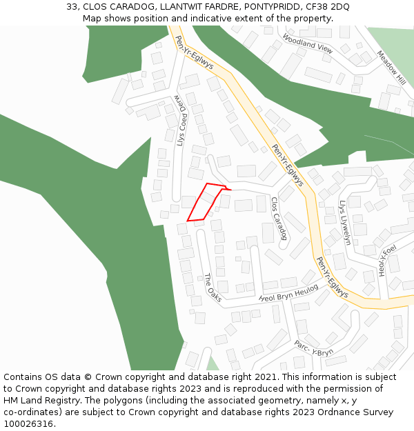 33, CLOS CARADOG, LLANTWIT FARDRE, PONTYPRIDD, CF38 2DQ: Location map and indicative extent of plot