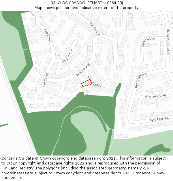 33, CLOS CRADOG, PENARTH, CF64 3RJ: Location map and indicative extent of plot