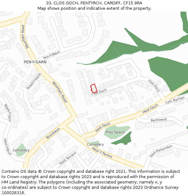 33, CLOS GOCH, PENTYRCH, CARDIFF, CF15 9RA: Location map and indicative extent of plot