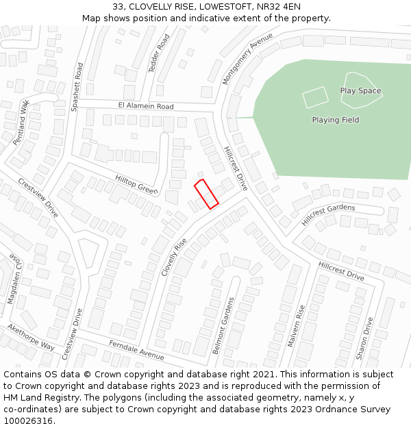 33, CLOVELLY RISE, LOWESTOFT, NR32 4EN: Location map and indicative extent of plot