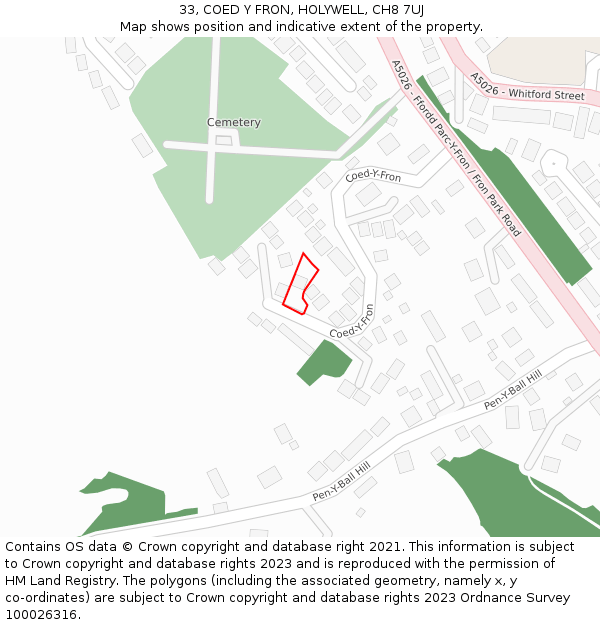 33, COED Y FRON, HOLYWELL, CH8 7UJ: Location map and indicative extent of plot