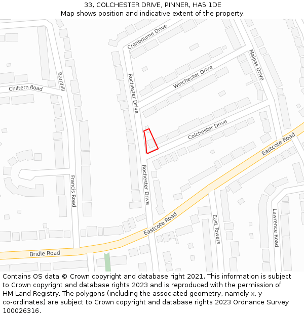 33, COLCHESTER DRIVE, PINNER, HA5 1DE: Location map and indicative extent of plot
