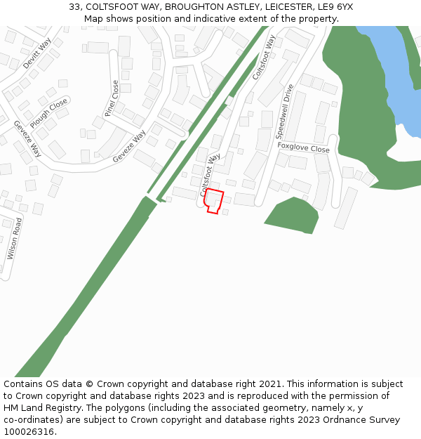 33, COLTSFOOT WAY, BROUGHTON ASTLEY, LEICESTER, LE9 6YX: Location map and indicative extent of plot