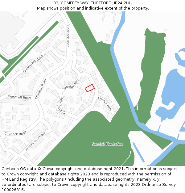 33, COMFREY WAY, THETFORD, IP24 2UU: Location map and indicative extent of plot