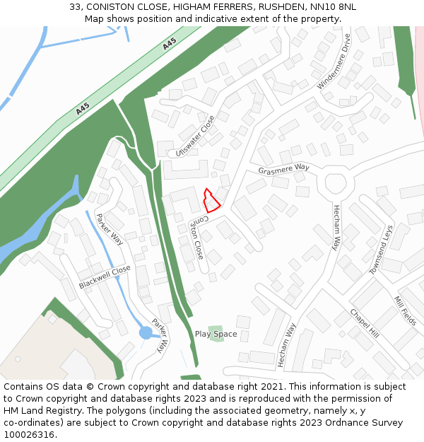 33, CONISTON CLOSE, HIGHAM FERRERS, RUSHDEN, NN10 8NL: Location map and indicative extent of plot