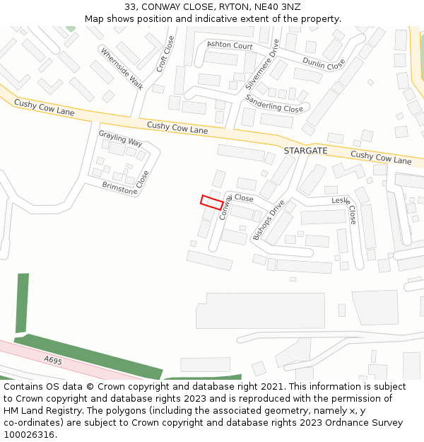 33, CONWAY CLOSE, RYTON, NE40 3NZ: Location map and indicative extent of plot