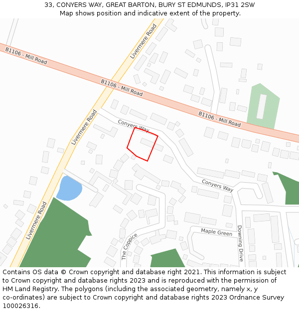 33, CONYERS WAY, GREAT BARTON, BURY ST EDMUNDS, IP31 2SW: Location map and indicative extent of plot