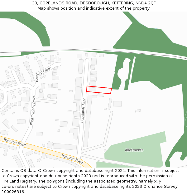 33, COPELANDS ROAD, DESBOROUGH, KETTERING, NN14 2QF: Location map and indicative extent of plot