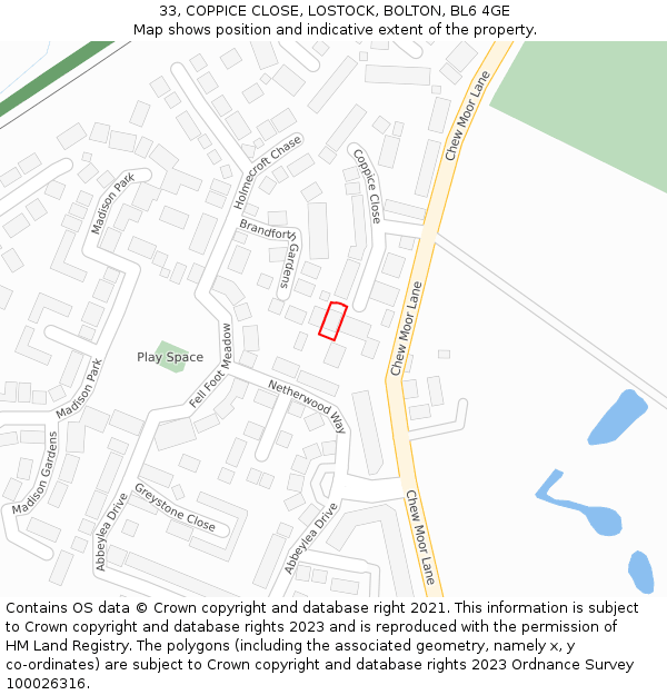 33, COPPICE CLOSE, LOSTOCK, BOLTON, BL6 4GE: Location map and indicative extent of plot