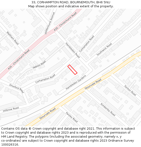 33, CORHAMPTON ROAD, BOURNEMOUTH, BH6 5NU: Location map and indicative extent of plot