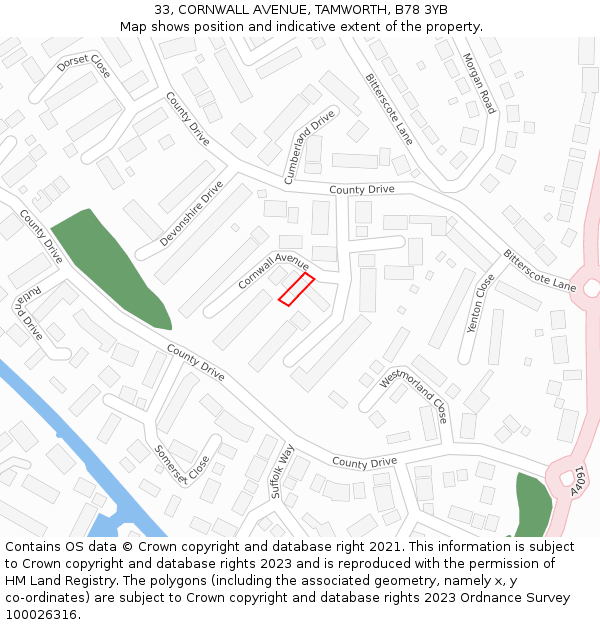 33, CORNWALL AVENUE, TAMWORTH, B78 3YB: Location map and indicative extent of plot