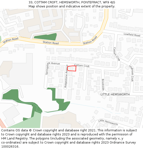 33, COTTAM CROFT, HEMSWORTH, PONTEFRACT, WF9 4JG: Location map and indicative extent of plot