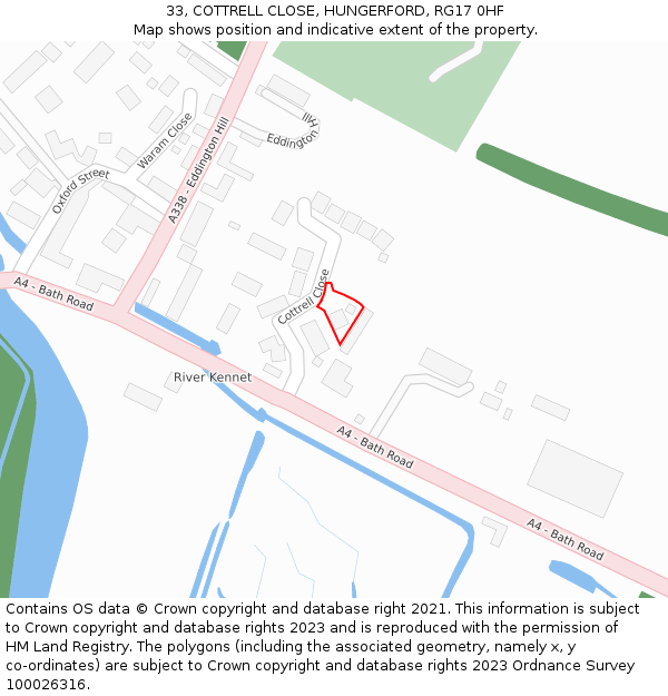 33, COTTRELL CLOSE, HUNGERFORD, RG17 0HF: Location map and indicative extent of plot