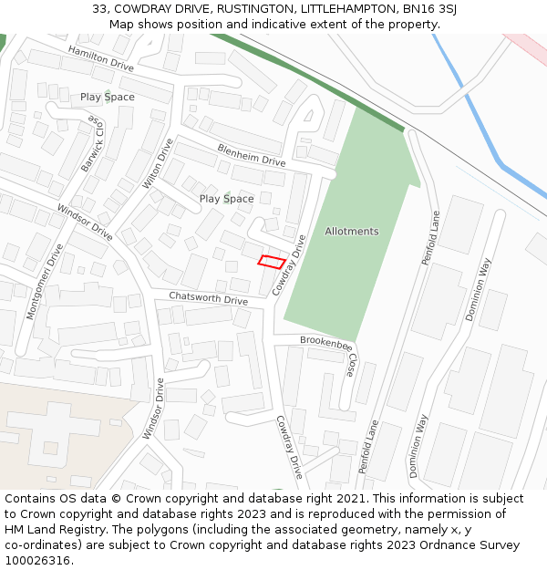33, COWDRAY DRIVE, RUSTINGTON, LITTLEHAMPTON, BN16 3SJ: Location map and indicative extent of plot