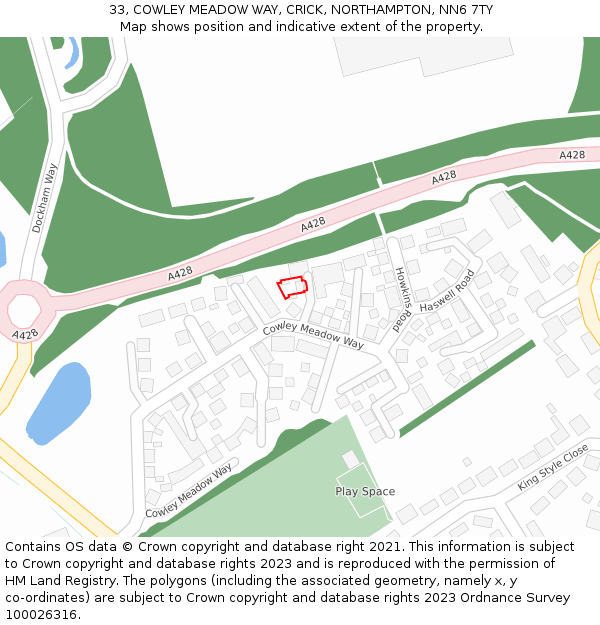 33, COWLEY MEADOW WAY, CRICK, NORTHAMPTON, NN6 7TY: Location map and indicative extent of plot