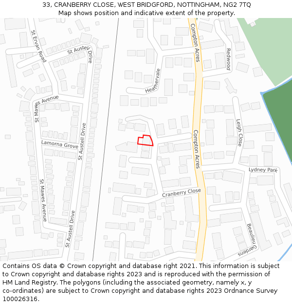 33, CRANBERRY CLOSE, WEST BRIDGFORD, NOTTINGHAM, NG2 7TQ: Location map and indicative extent of plot