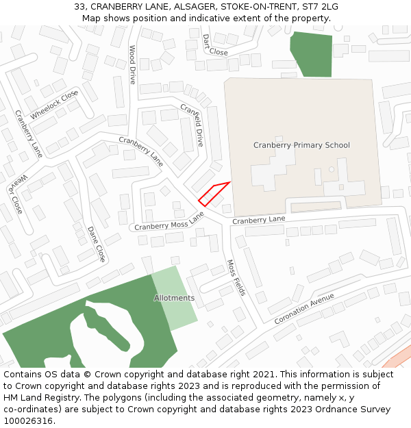 33, CRANBERRY LANE, ALSAGER, STOKE-ON-TRENT, ST7 2LG: Location map and indicative extent of plot