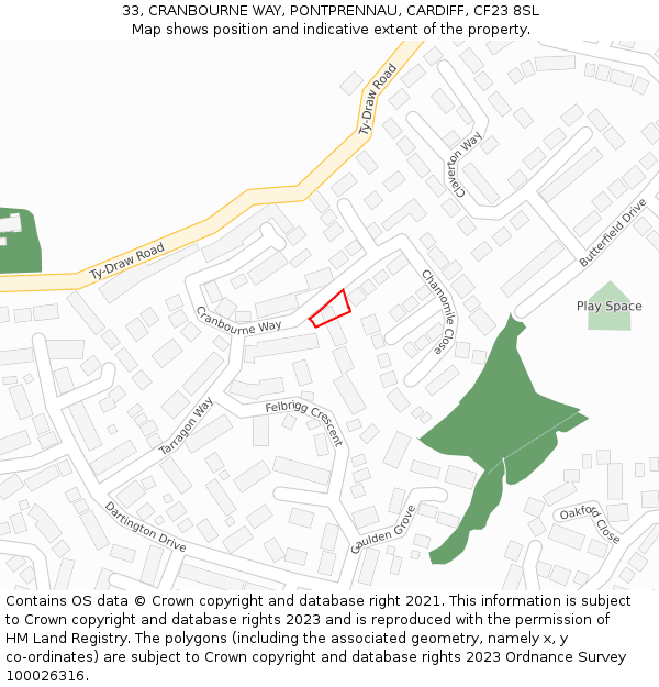 33, CRANBOURNE WAY, PONTPRENNAU, CARDIFF, CF23 8SL: Location map and indicative extent of plot