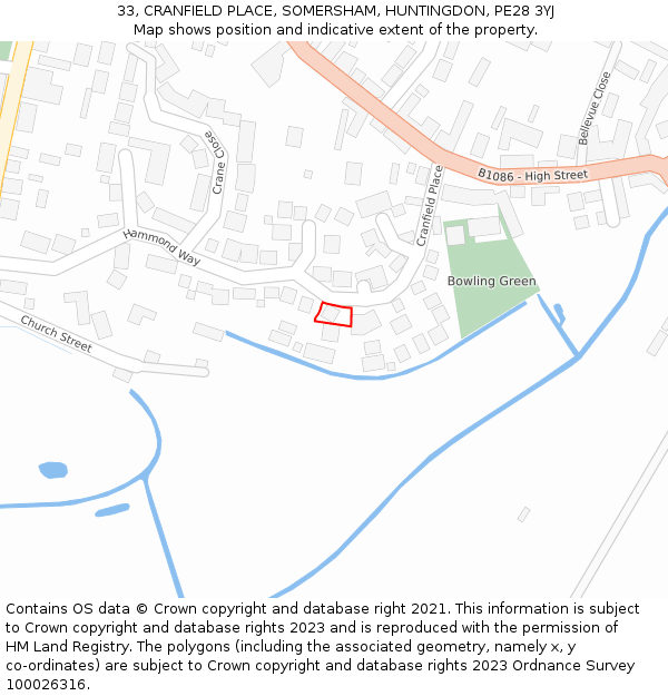 33, CRANFIELD PLACE, SOMERSHAM, HUNTINGDON, PE28 3YJ: Location map and indicative extent of plot