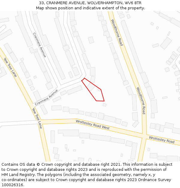 33, CRANMERE AVENUE, WOLVERHAMPTON, WV6 8TR: Location map and indicative extent of plot