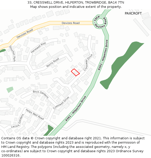 33, CRESSWELL DRIVE, HILPERTON, TROWBRIDGE, BA14 7TN: Location map and indicative extent of plot