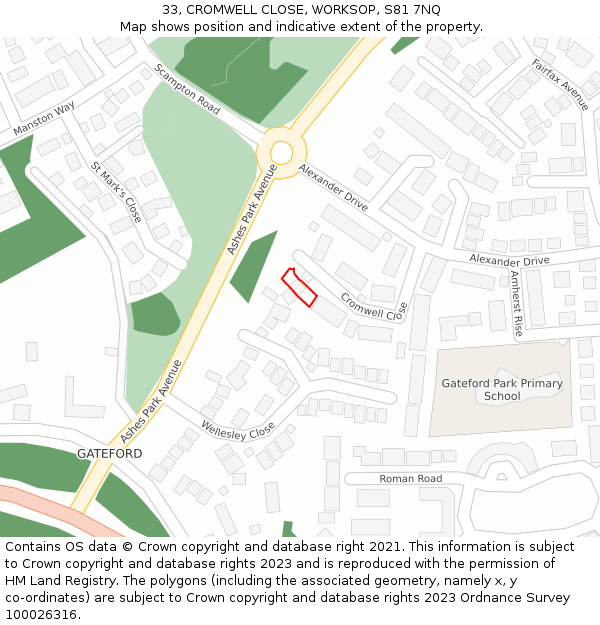 33, CROMWELL CLOSE, WORKSOP, S81 7NQ: Location map and indicative extent of plot
