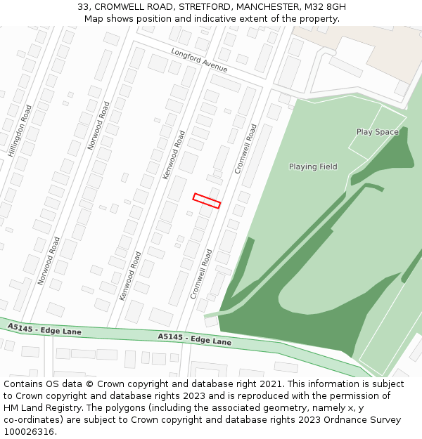 33, CROMWELL ROAD, STRETFORD, MANCHESTER, M32 8GH: Location map and indicative extent of plot