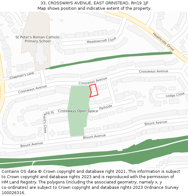 33, CROSSWAYS AVENUE, EAST GRINSTEAD, RH19 1JF: Location map and indicative extent of plot