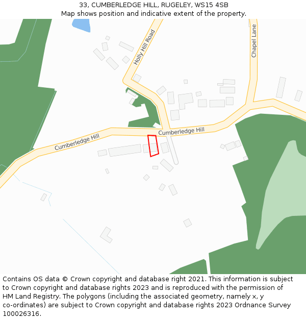 33, CUMBERLEDGE HILL, RUGELEY, WS15 4SB: Location map and indicative extent of plot