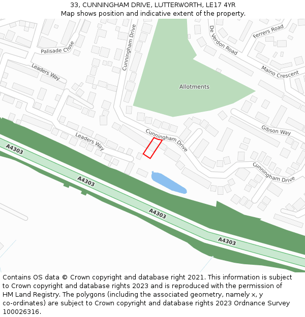 33, CUNNINGHAM DRIVE, LUTTERWORTH, LE17 4YR: Location map and indicative extent of plot
