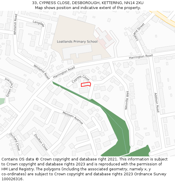 33, CYPRESS CLOSE, DESBOROUGH, KETTERING, NN14 2XU: Location map and indicative extent of plot