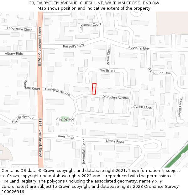 33, DAIRYGLEN AVENUE, CHESHUNT, WALTHAM CROSS, EN8 8JW: Location map and indicative extent of plot