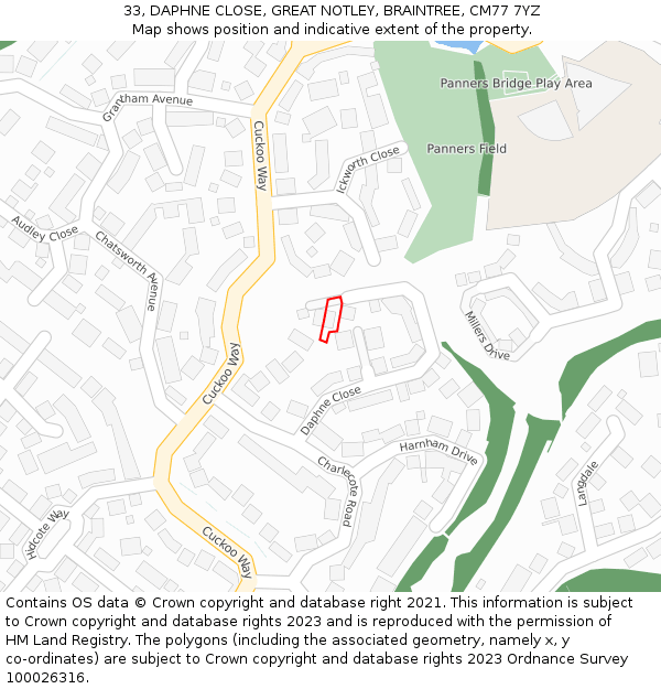 33, DAPHNE CLOSE, GREAT NOTLEY, BRAINTREE, CM77 7YZ: Location map and indicative extent of plot