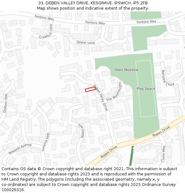 33, DEBEN VALLEY DRIVE, KESGRAVE, IPSWICH, IP5 2FB: Location map and indicative extent of plot