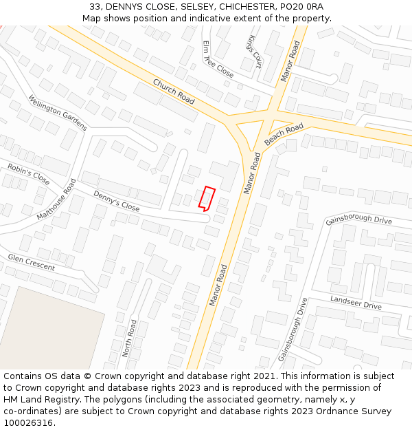 33, DENNYS CLOSE, SELSEY, CHICHESTER, PO20 0RA: Location map and indicative extent of plot